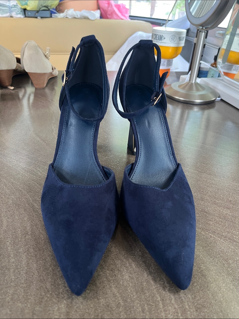 Women’s Navy Pointed Toe Ankle Strap Heels - Picture 1 of 4